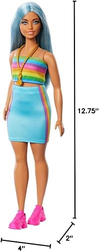 Miniatura 7 de Barbie Fashionistas Doll #218 con pelo largo azul, parte superior de arco iris y falda verde azulado, muñeca coleccionable de moda para el 65