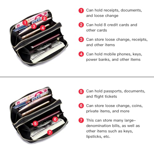 Women's Wallet Large Capacity Double Zip Around Credit Card Holder Leather Ladies Wallet with RFID Wristlet Purse3