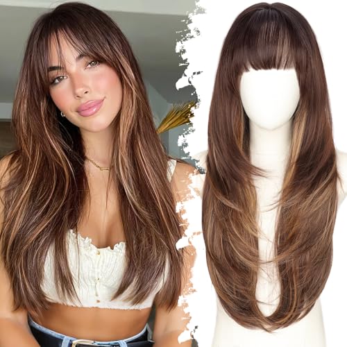 Eawwii Long Brown Highlight Wig with Bangs for Women,4x4 Realistic...