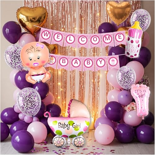 Image of 57 Pcs Welcome Baby Girl Decoration Kit | Balloons, Banner, Curtains, Foils, Stars, Hearts, Ribbon & Confetti for Baby Shower & Newborn Celebration Set 11