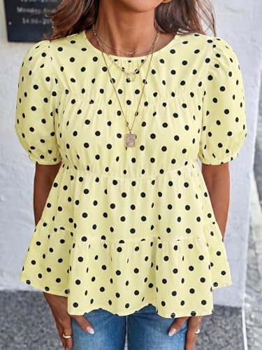Image of Tankaneo Womens Puff Sleeve Peplum Babydoll Tops Summer Flowy Pleated Cotton T-Shirts Casual Loose Fit Cute Blouse