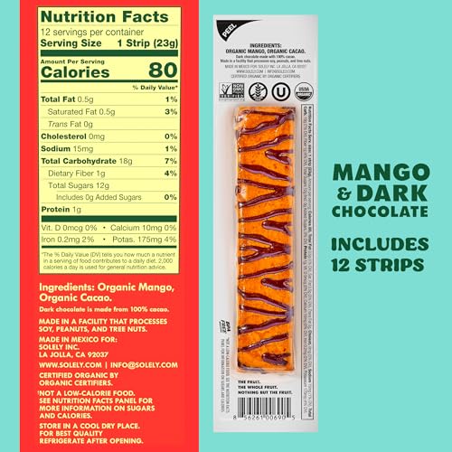 Image of SOLELY - Organic Mango Chocolate Drizzled Fruit Jerky - 12 Individually Wrapped Strips - Fruit Leather Made from Dried Fruit - Healthy Snacks for Adults & Kids - Vegan - 0.8oz (23g)