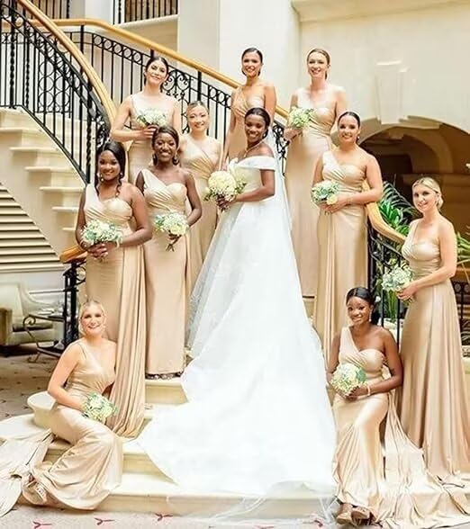 Image of One Shoulder Bridesmaid Dresses for Wedding Long Satin Bodycon Prom Dress Mermaid Formal Evening Gowns