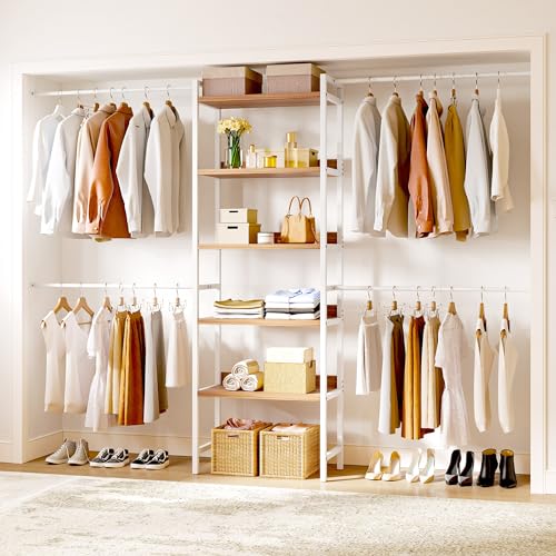 DWVO Closet Organizer System for Bedroom, Adjustable Heavy Duty Garment Rack Walk In Closet System, 4 Expandable Hanger Rods 5-Tier Wood Closet Storage Shelves with Backplane, Fits 6-9 ft Space, White