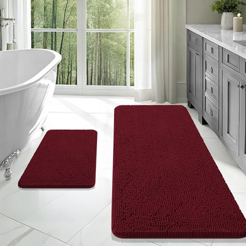 Image of OLANLY Bathroom Rugs Sets 2 Piece, Soft Absorbent Chenille Bath Mats Area Rug Set, Non-Slip, Quick Dry, Machine Washable Bath Mats for Bathroom, Home Decor Accessories (47 inchx20 inch+24 inchx16 inch, Burgundy)