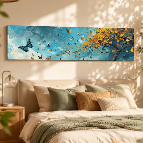 Image of Large Stretched Canvas Painting, Panel Wall Painting Blue and Yellow Butterfly Tree Luxury Paintings for Home Decoration, Living room, Bedroom and Office Decor (Blue, 12x46 Inch)
