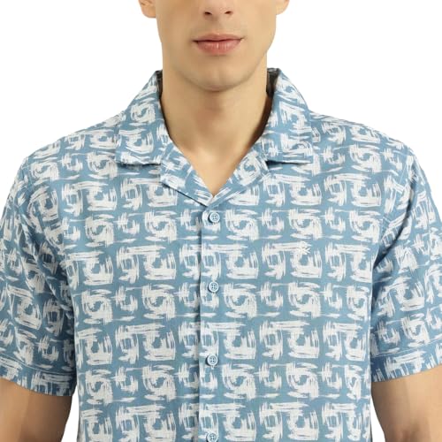 Image of United Colors of Benetton Relaxed Fit Resort Collar Printed Linen Blend Stroke Shirt