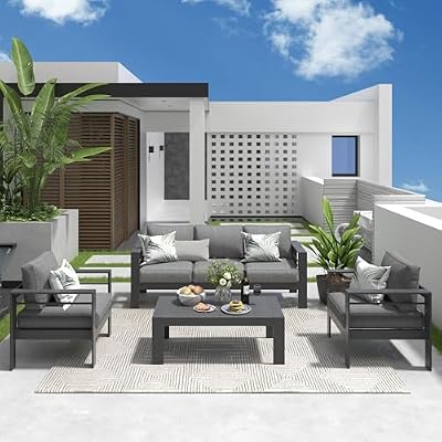 Solaste Aluminum Patio Furniture Set, 5 Seats Modern Outdoor Conversation Set Sectional Sofa with Upgrade Cushion and Coffee Table,Grey