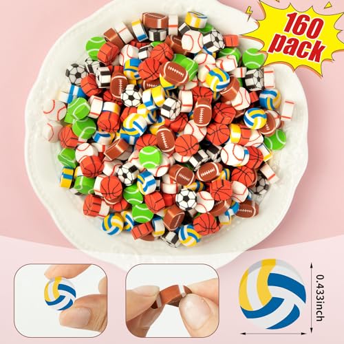160 peças de borrachas esportivas para crianças, mini borrachas de lápis em formato de bola para lem