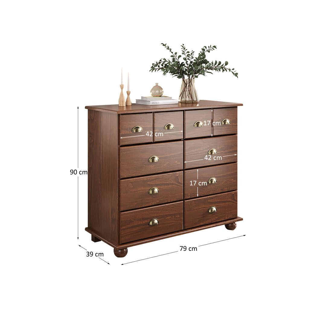 IDIMEX Commode Chambre Colmar L 92 cm 8 tiroirs en Bois Massif Brun foncé chiffonnier apothicaire Rangement avec poignées en métal