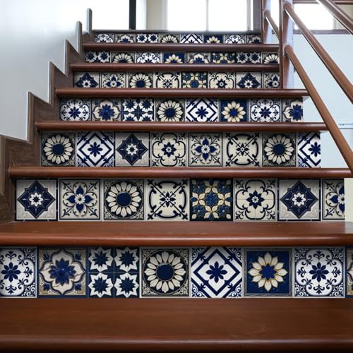 Azulejos Adhesivos Baño 20X20 Flores Blancas Azul Profundo Suelo Vinilo Autoadhesivo Impermeable PVC Fácil de Usar Vinilos Baño Muebles Gabinete Decoración Vinilo Pared Cocina