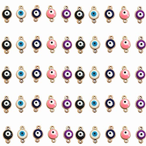 MIAO JIN 50 Pcs Evil Eye Spacer Connectors Pendants Fashion Connectors Beads DIY Necklace Bracelet Jewelry Making (5 Colors Random)