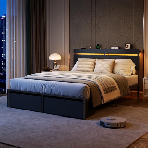 Image of Forestell Queen Bed Frame with Wood Headboard, Black Platform Bed with 2 Storage Drawers & Shelf, Built-in Charging Station & LED Lights, Metal Support, No Box Spring Needed, Cama Queen Size