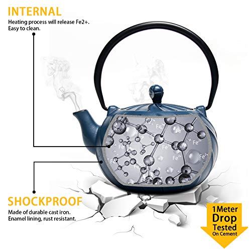 Tea Kettle, TOPTIER Japanese Cast Iron Teapot with Infuser, Stovetop Safe Cast Iron Tea Kettle, Wave Design Cast Iron Teakettle Coated with Enameled Interior for 22 oz (650 ml), Navy Blue - Thumbnail 4
