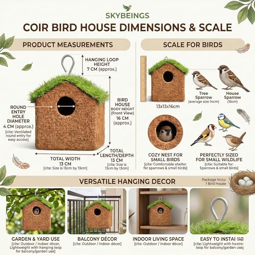 Image of Natural Coir Bird House for Outside, Eco-Friendly Woven Fiber Nesting Box for Sparrows & Small Birds, Decorative Hanging Bird Hut for Garden, Balcony (Pack of 2)
