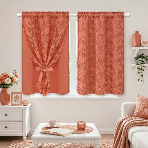Image of Yinhua Terracotta Kitchen Curtains 36 Inch Length Double Layer Curtain Farmhouse Blackout Curtains for Kitchen Rod Pocket Short Curtain for Windows, Bathroom, Living Room, 2 Panels