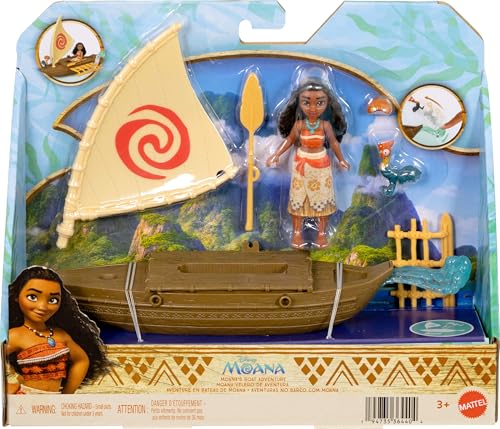 Mattel Disney Toys, Moana Small Doll & Floating Boat Playset with Heihei Rooster Figure, Wave Launcher & 2 Accessories, Inspired by Movie