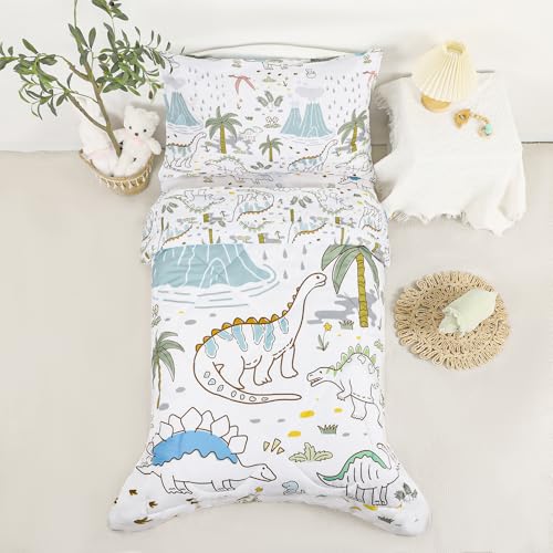 SWESEN Toddler Bedding Set for Boys Cute Dinosaurs Toddler Boy Bedding Set Soft & Lightweight 4 Piece Toddler Comforter Sets Include Comforter Flat Sheet Fitted Sheet Pillowcase