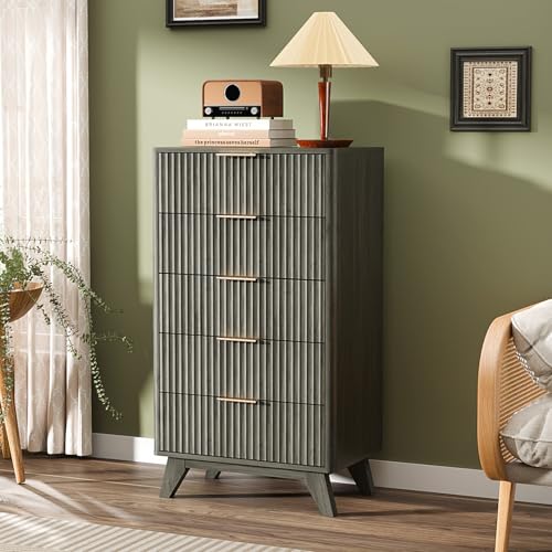 Image of VINGLI Fluted Tall Dresser 5 Drawer, 23.66 inch W Chest of Drawers Gray Wood Dresser with Rounded Edges, Grey Dressers for Bedroom, 23.66 inch W*15.6 inch D*44.88 inch H