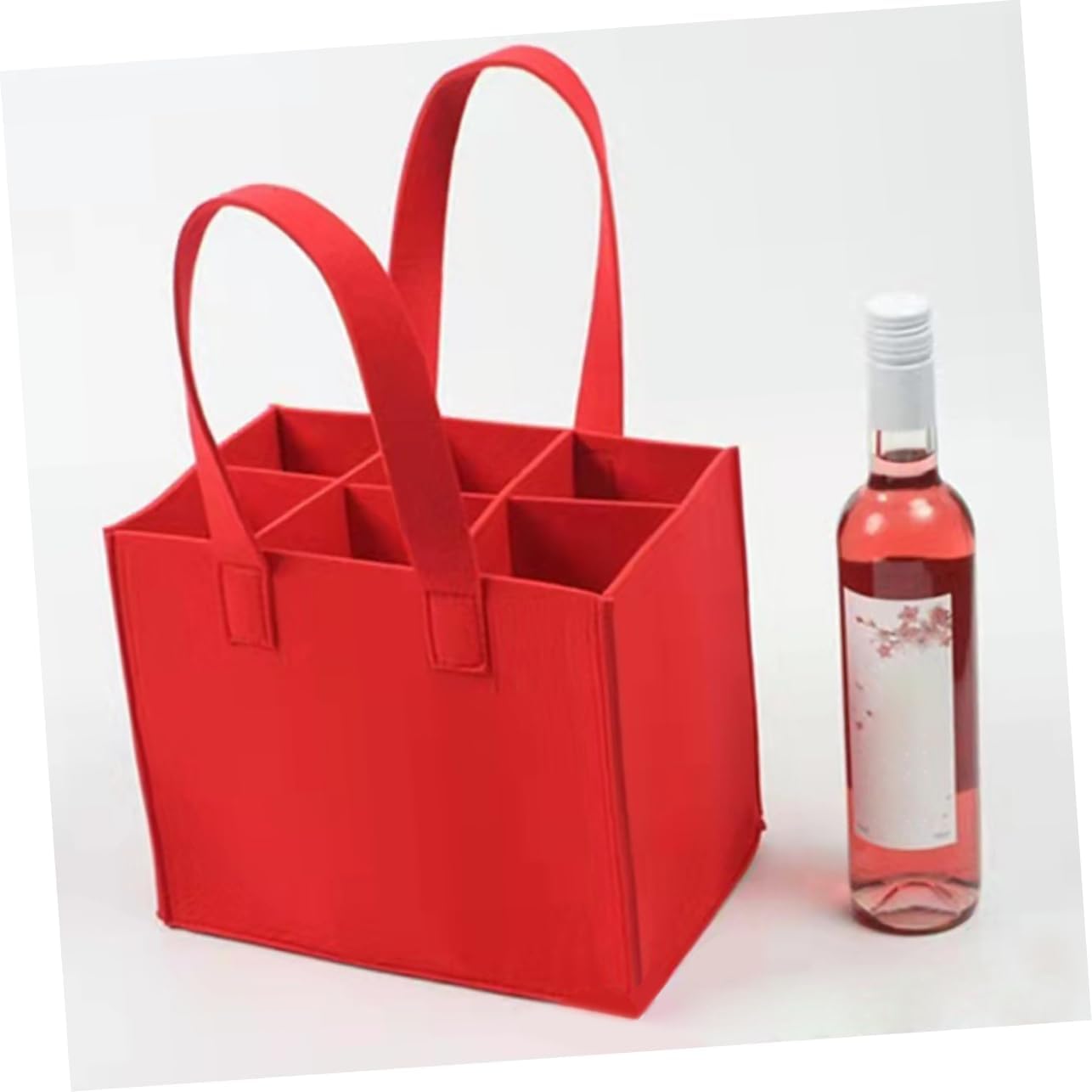 Red Felt Wine Bag, Divided Carrier Holds 6 Bottles