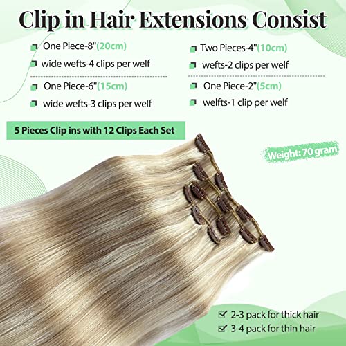 Image of Balayage Blonde Clip in Hair Extensions Real Human Hair 14 Inch 5pcs /70g Walnut Brown to Ash Brown Mixed Platinum Blonde Remy Human Hair Extensions Silky Straight Double Weft Clip in Extensions
