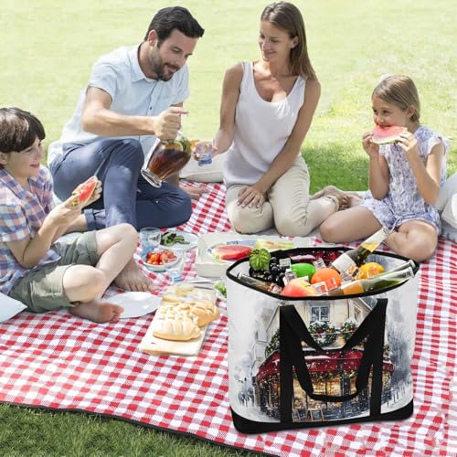 Large Insulated Tote Bag Streetscape Snow Red for Grocery Shopping Reusable Tote Bags for Women Men, Cooler Bag with Zippered Top & Handles for Beach Picnic Travel3