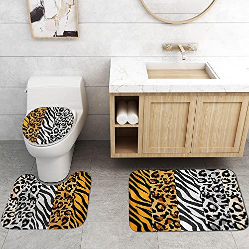Fashion_Man Olebety 4Pcs Black White Brown Zebra Leopard Print Shower Curtain Set, Panthera Jaguar Cheetah Safari African Wild Animal Skin Pattern Bathroom Decor, Non-Slip Bath Rugs Mats, Stripes #TOP4