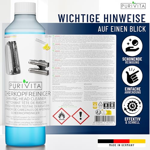PURIVITA® Scherkopfreiniger Nachfüllflüssigkeit [500ML] - Scherkopfreiniger Kompatibel mit verschiedenen Reinigungskartuschen - Rasierer Reinigungsflüssigkeit Braun Clean & Renew Reinigungskartuschen