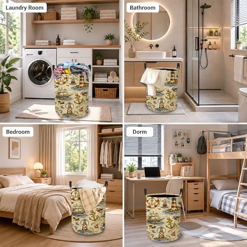 Image of Nautical Lighthouse Laundry Basket, Anchor Ship Collapsible Laundry Hamper Waterproof Oxford Cloth With Handles, Clothes Storage Bucket For Bathroom /Bedroom 16 inch x 20.8 inch
