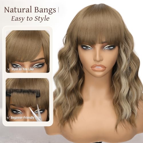 Image of Nnzes Short Wavy Bob Wig with Bangs for Women Shoulder Length Curly Soft Ash Brown with Beige Blonde Highlights Synthetic Heat-Resistant Fiber Hair for Daily & Party Use