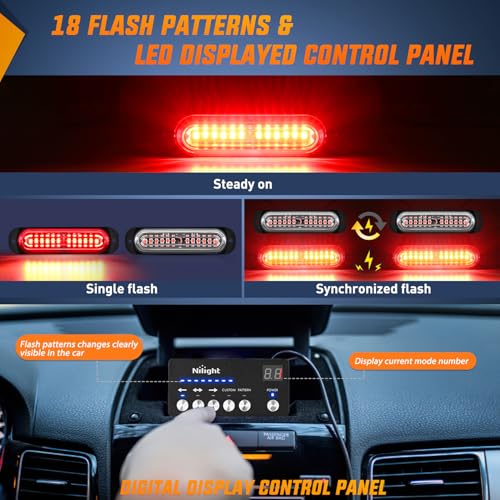 Image of Nilight 8PCS Led Strobe Lights with Controller 12V 24V Sync Feature Red | 12 LED Surface Mount Emergency Hazard Warning Lights with Strobe Controller for Vehicle Car Truck RV ATV