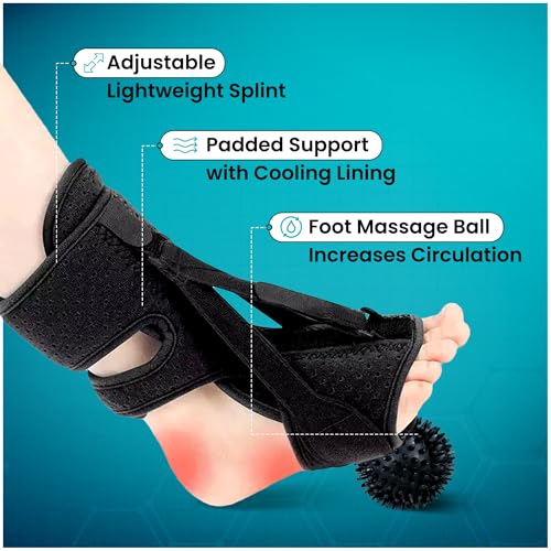 Image of Plantar Fasciitis Night Splint for Women & Men - Soft Adjustable Foot Brace for Heel and Arch Pain Relief - Includes Massage Ball