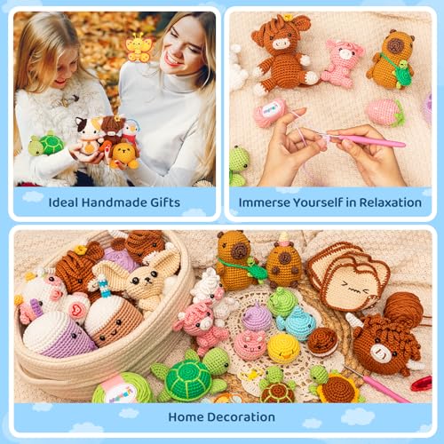 Image of Mewaii Beginner Crochet Kit with 40% Extra Yarn, Pre-Started Yarn & Video Tutorials - 3 Sea Turtles Craft Set for Adults & Kids