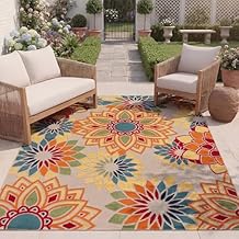 SAFAVIEH Washable Rug Outdoor Cabana Collection - 8 x 10, Ivory & Orange, Non-Shedding & Easy to Clean, Ideal for Patio, Backyard, Mudroom CBN328A