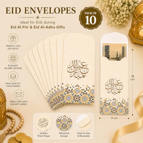 10 Pcs Printed Eid Mubarak Eidi Envelopes, Ramadan Eidi Envelope for Cash Money Holder, Eid al-Fitr Gifting Party Supplies image 3