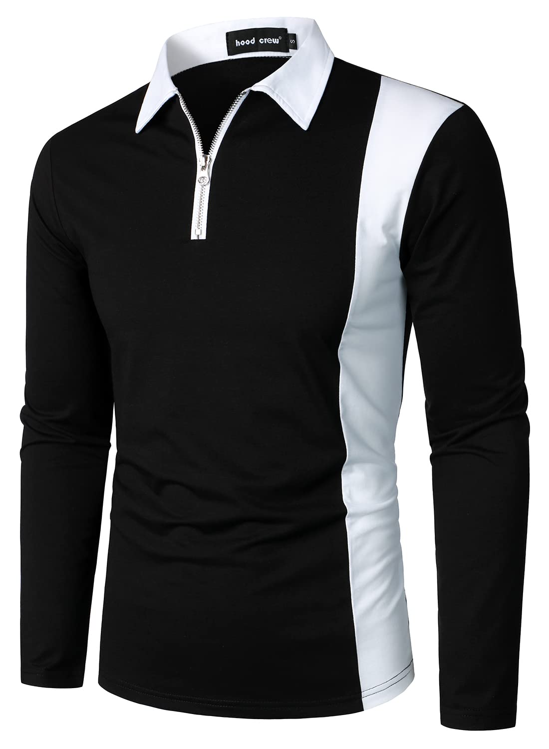 HOOD CREW Mens Long Sleeve Polo Shirts Fashion Color Block Zipper T Shirts