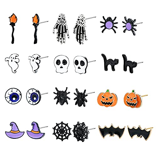 SAILIMUE 12 Pairs Halloween Earrings for Women Pumpkin Spider Ghost Bat black cat Tiny Halloween Stud Earring Set Halloween Theme Party Jewelry