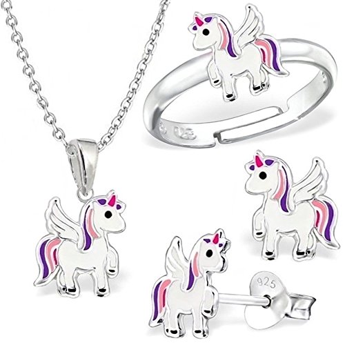 Mini unicornio Set anillo colgante cadena pendientes plata 925 niños niña Pegaso caballo Cover