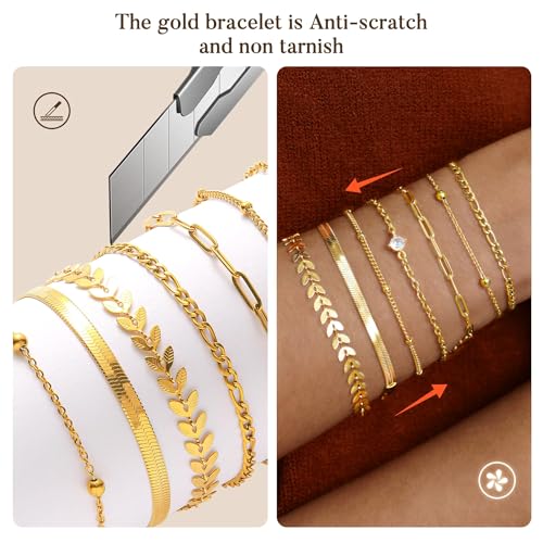 Gold Bracelets for Women trendy,Dainty14K Real Gold Plated Bracelets Set for Women,Thin and Stackable Bracelet Pack,Non Tarnish Cuban Link Chain Bracelets,Waterproof Jewelry Gifts for Women3