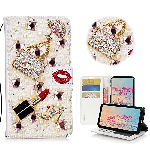 STENES Bling Wallet Phone Case Compatible with Umidigi A15 Case - Stylish - 3D Handmade Girls Bags Lipstick High Heel Magnetic Wallet Stand Girls Women Leather Cover - Red