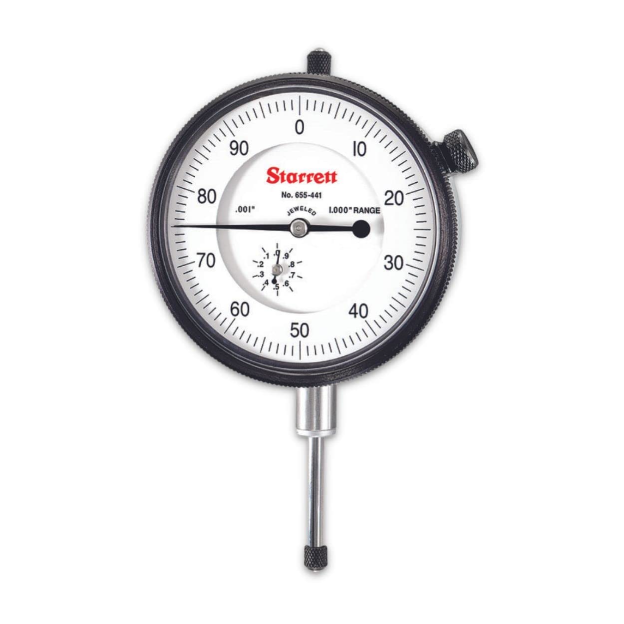 Starrett 655 Series Dial Indicator with Jewel Bearings and Lug-On-Center Back - White Face, 0-1.000" Range, 0-100 Dial Reading, .001" Graduation - 655