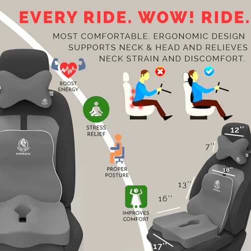 Image of MRRON Memory Foam Car Seat Cushion Combo - Backrest, Coccyx Cushion & Neckrest - Orthopedic Support for Back, Sciatica & Neck Pain - Ergonomic Comfort for Car, Office. (Grey, Long Back)