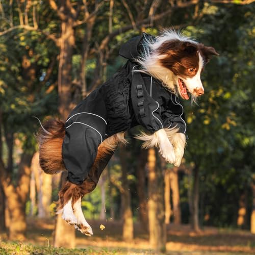 OneTigris Regenmantel Hund, RIDERSTORM Regenjacke wasserdichte Kältebeständig mit Abnehmbarer Kapuze Reflektierender Verstellbarer Hunderegenjacke Maschinenwaschbar Schwarz M