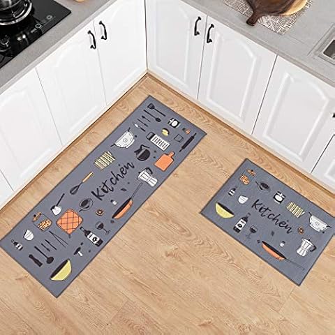 Carvapet 2 Pcs Non-slip Kitchen Mats and Rugs Washable Rubber Backing Doormat Runner Microfiber Rug Set Cover