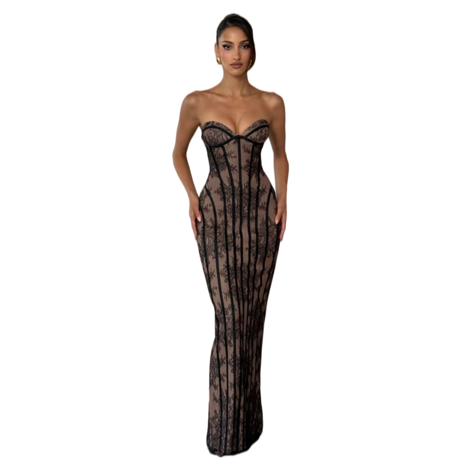 Vestito Donna Elegante Pizzo Maxi Abito Senza Spalline Tesoro Scollo Sottile da Sera in Vita per Festa Formale-Black-s