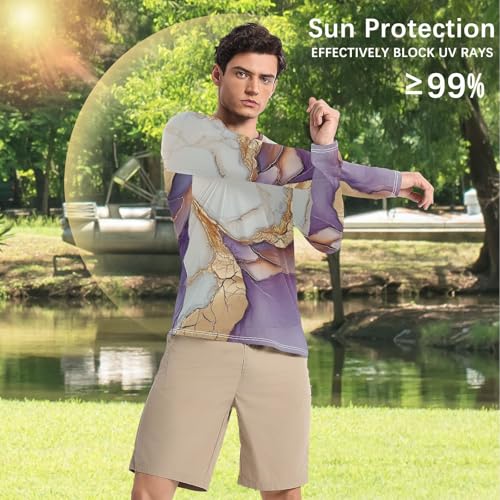 Marble White Purple Men's Swim Shirts UPF 50+ Elastic Round Neck Long Sleeve UV Sun Protection Running4