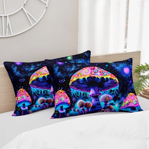 Image of AILONEN Cartoon Mushroom Comforter Set Queen Size, Black Starry Purple Magic Mushroom Bedding Set,3Pcs Plant Fungus Comforter with 2 Pillowcases