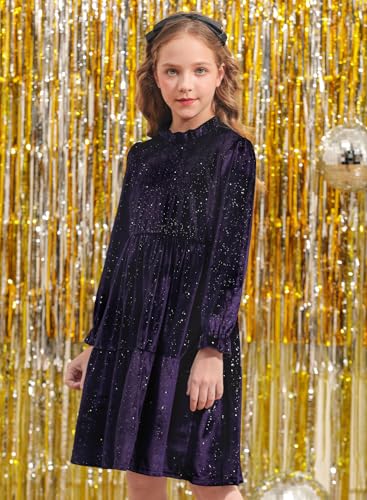 BesserBay Fall Girls Glitter A-line Velvet Crew Neck Midi Dress Size 5-14 Years3