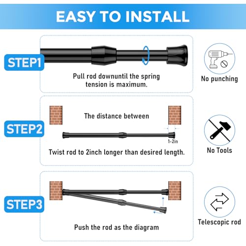 Image of 2 Pack Small Tension Rod 12 to 19 Inch Adjustable Tension Rod Mini Curtain Rod Spring Rod No Drilling Short Tension Rods for Windows, Cupboard, Kitchen, Black