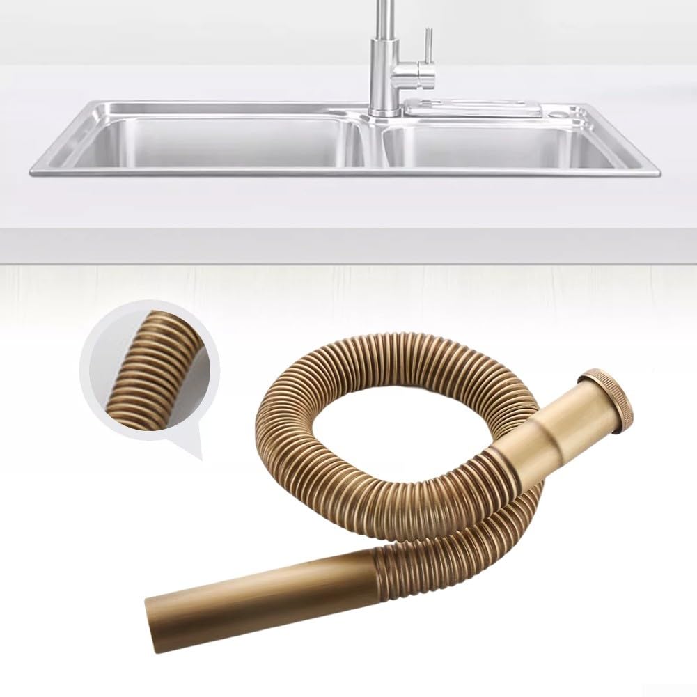 Manguera de drenaje flexible de latón antiguo expandible de 80 cm, tubo de descarga para fregadero de cocina y baño, DN30 estándar y fácil de instalar, solución de fontanería versátil